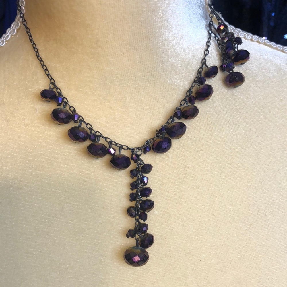 Purple Y beaded necklace and earrings